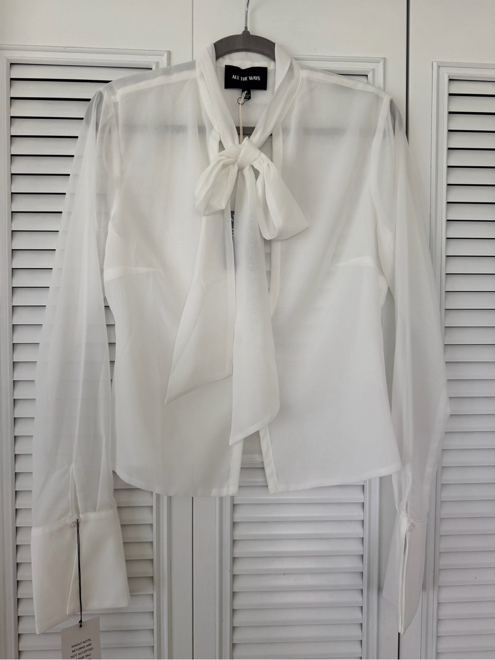 All The Ways White Tie-Neck Sheer Blouse